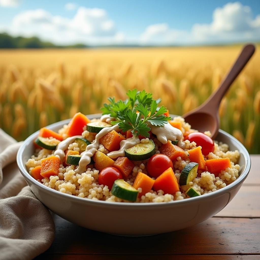 Harvest Grain Bowl with Roasted Veggies and Tahini Dressing