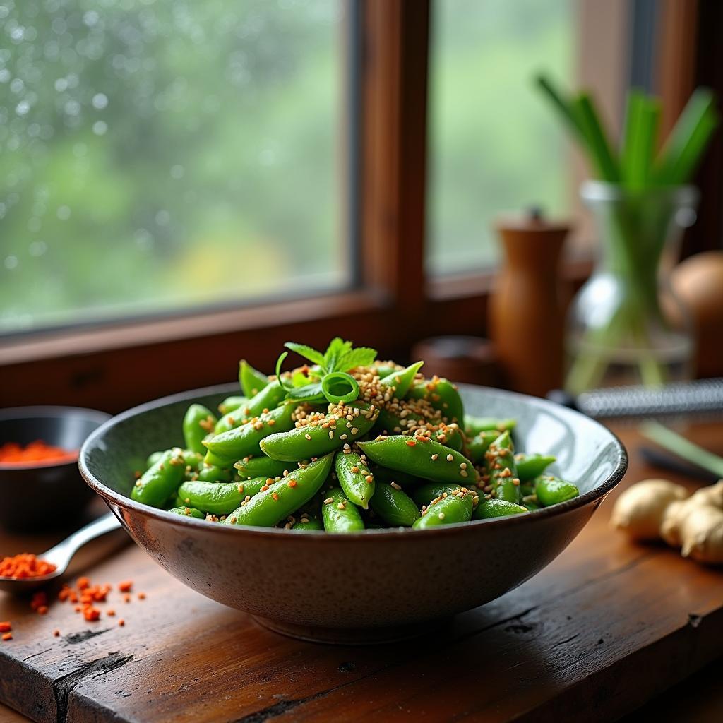 Spicy Garlic Edamame with Toasted Sesame