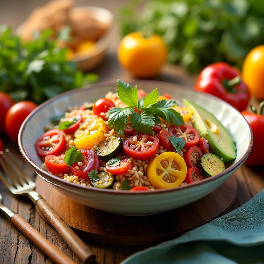 Farro Fiesta Bowl with Roasted Veggies and Citrus Vinaigrette