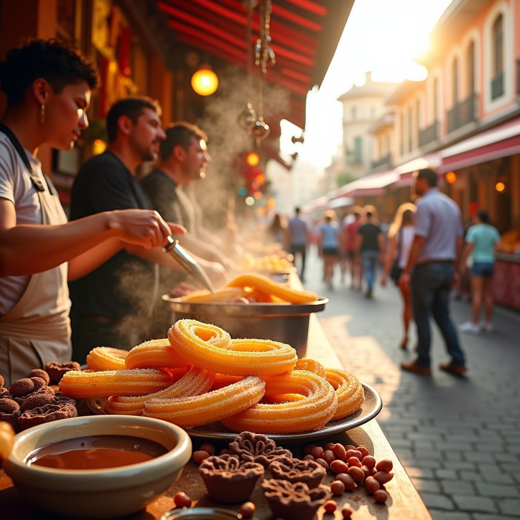 Whimsical Spiced Churros with Chocolate Dipping Sauce In the vibrant…