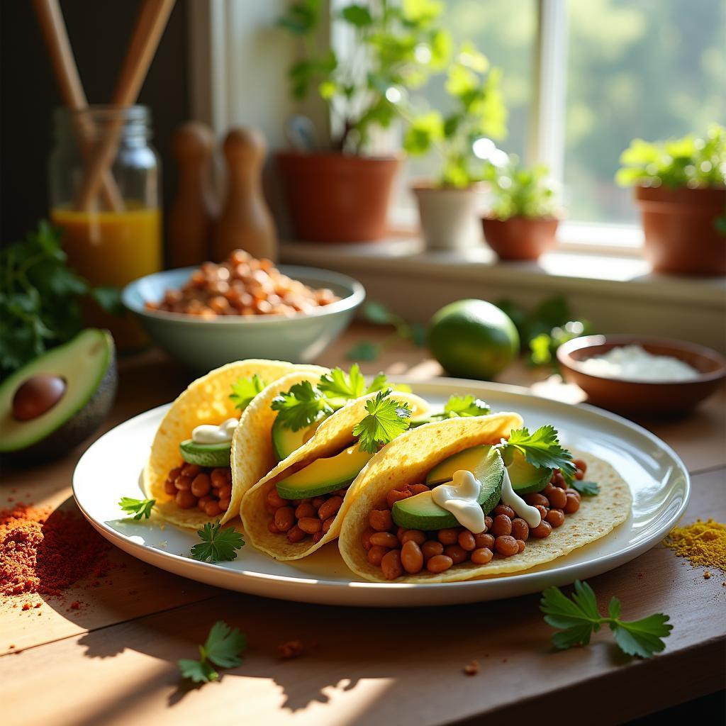 Smoky Pinto Bean & Avocado Tacos with Tangy Lime Crema