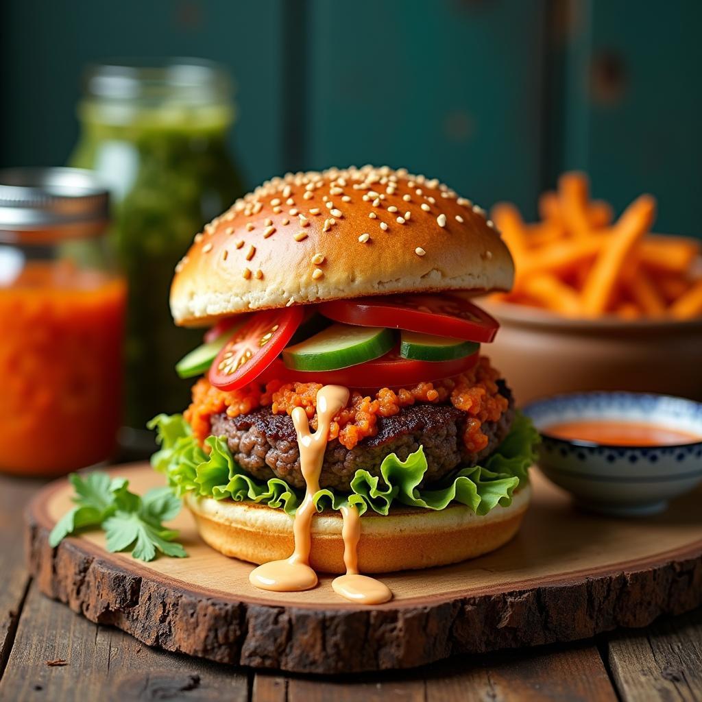 Umami-Infused Kimchi Burgers with Spicy Cilantro Mayo