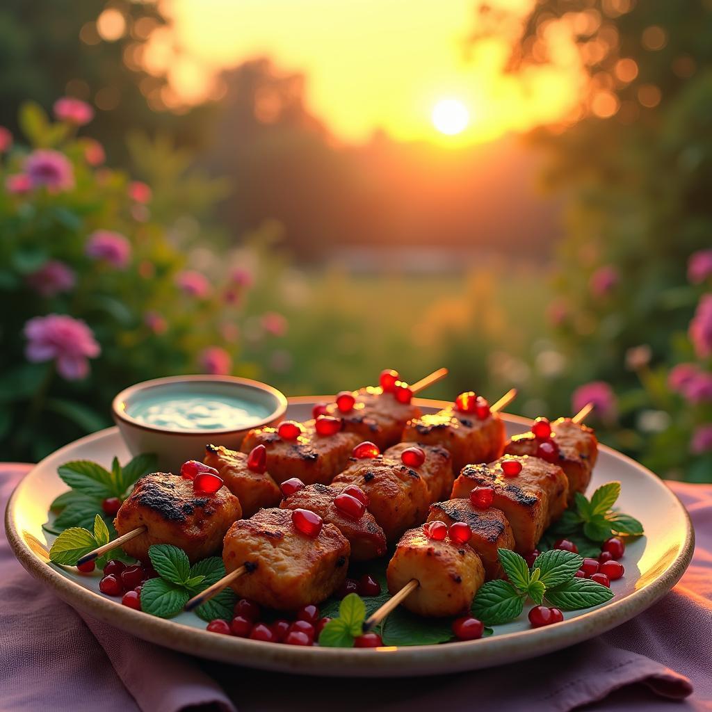 Spiced Pomegranate Chicken Kebabs with Mint Yogurt Sauce