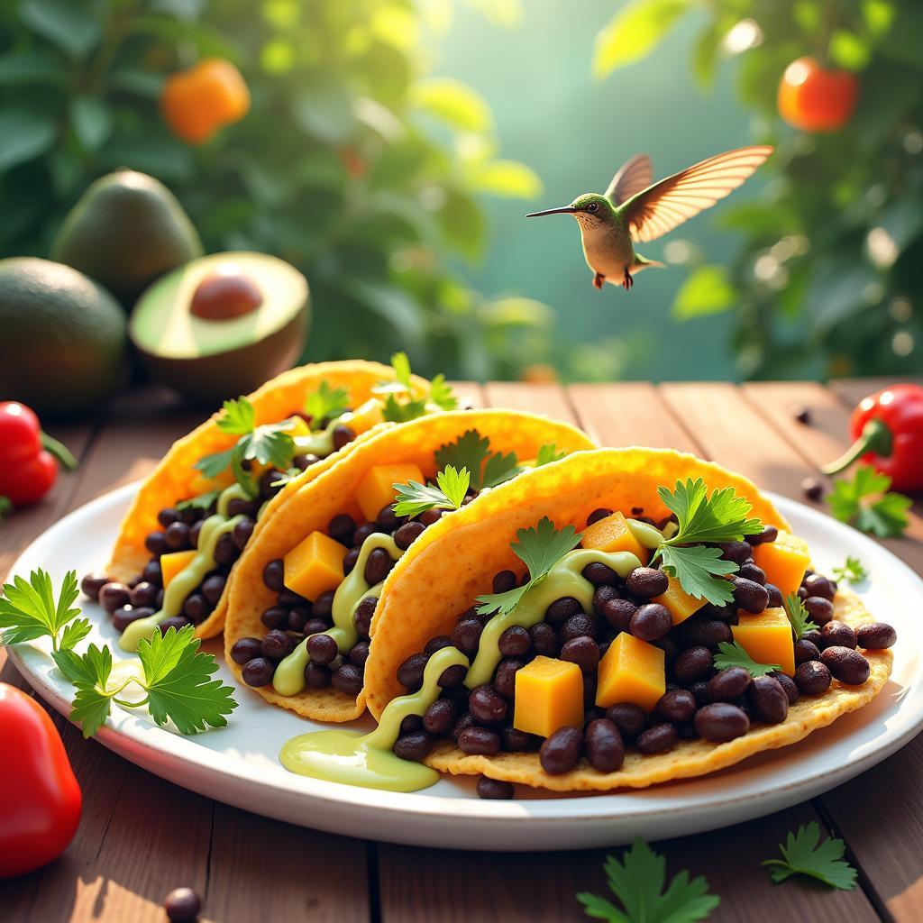 Spicy Black Bean & Mango Tacos with Avocado Lime Dressing