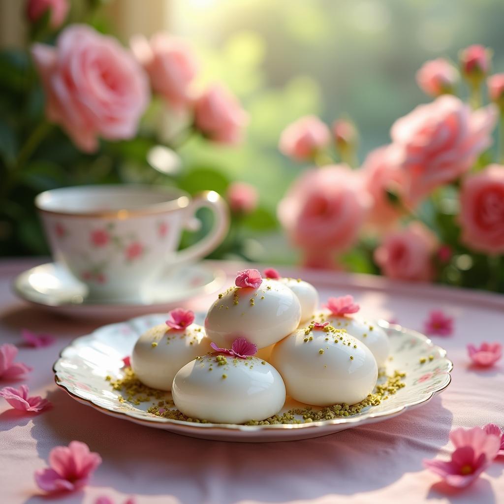 Whimsical Rosewater Meringues with Pistachio Dust