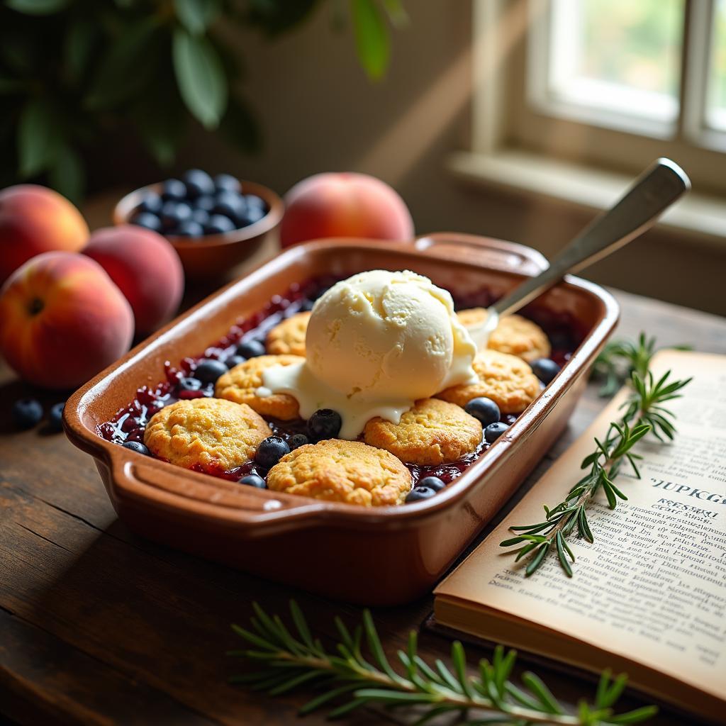 Rustic Peach and Blueberry Cobbler with Rosemary Biscuit Topping