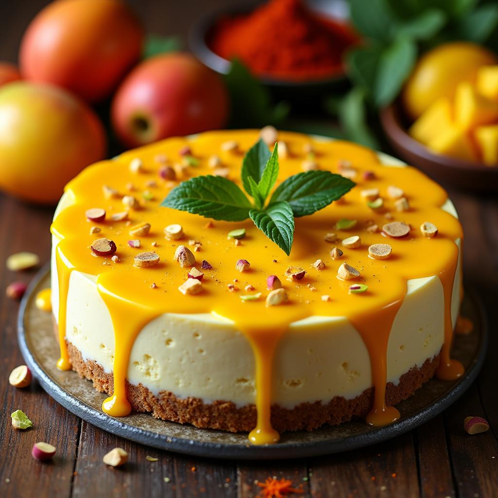 Turmeric and Cardamom Spiced Cheesecake with Mango Coulis