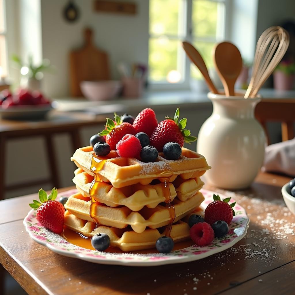 Fluffy Vanilla Waffles with Fresh Berries