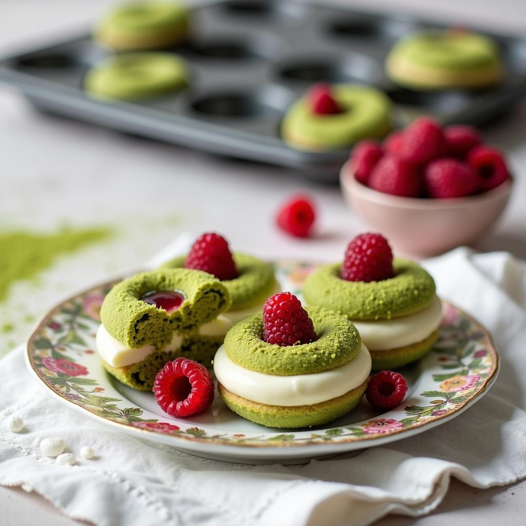 Deconstructed Matcha Donut with White Chocolate Mousse and Raspberry Gelée