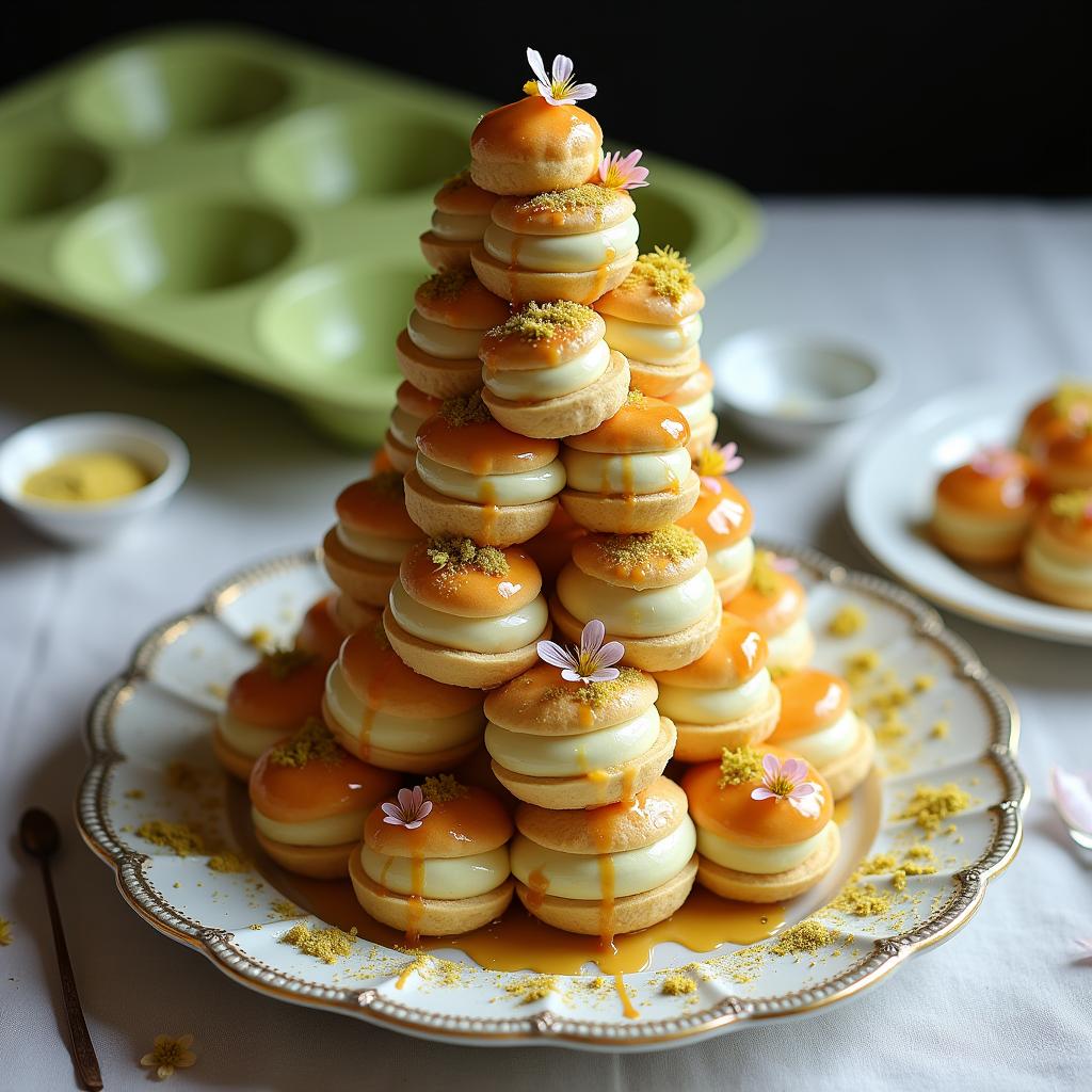 Modern Croquembouche with Vanilla Bean and Matcha Cream