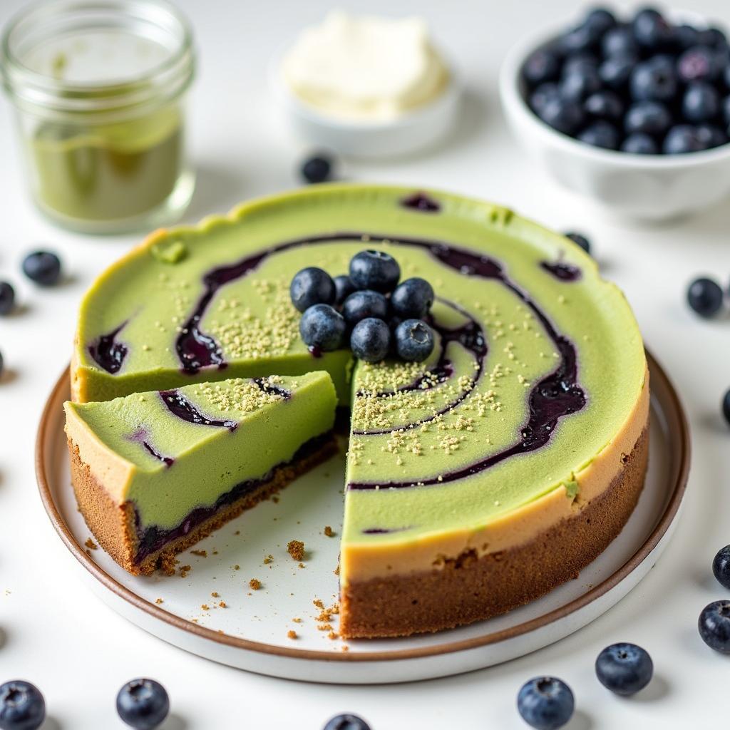 Nutty Matcha Cheesecake with Blueberry Swirl