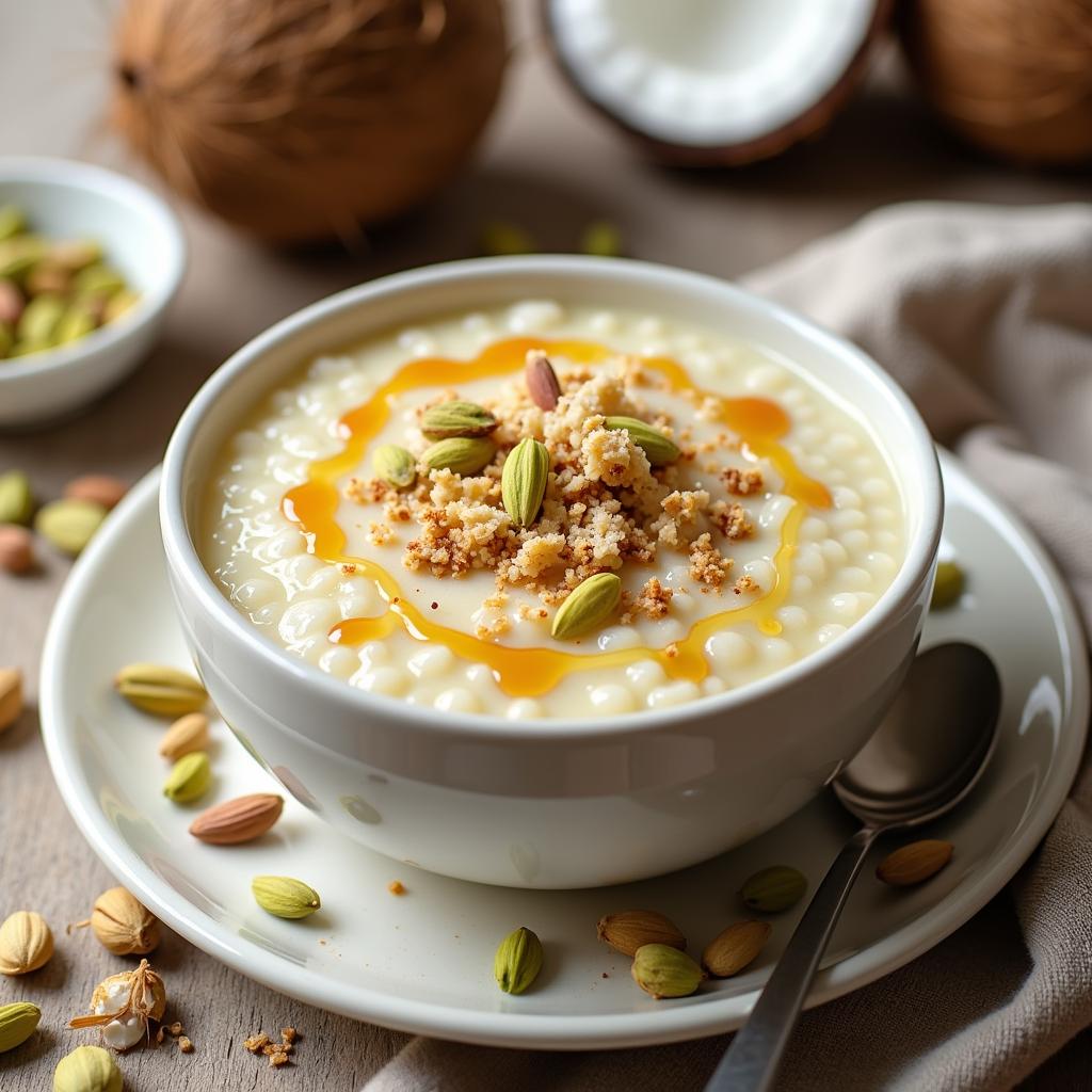 Cardamom-Infused Coconut Rice Pudding with Pistachio Crunch