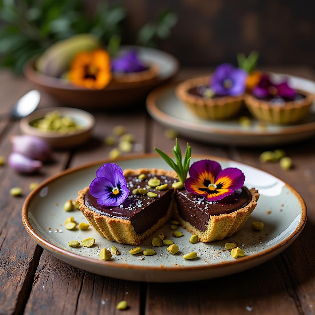 Chocolate and Black Garlic Tartlets with Pistachio Crust