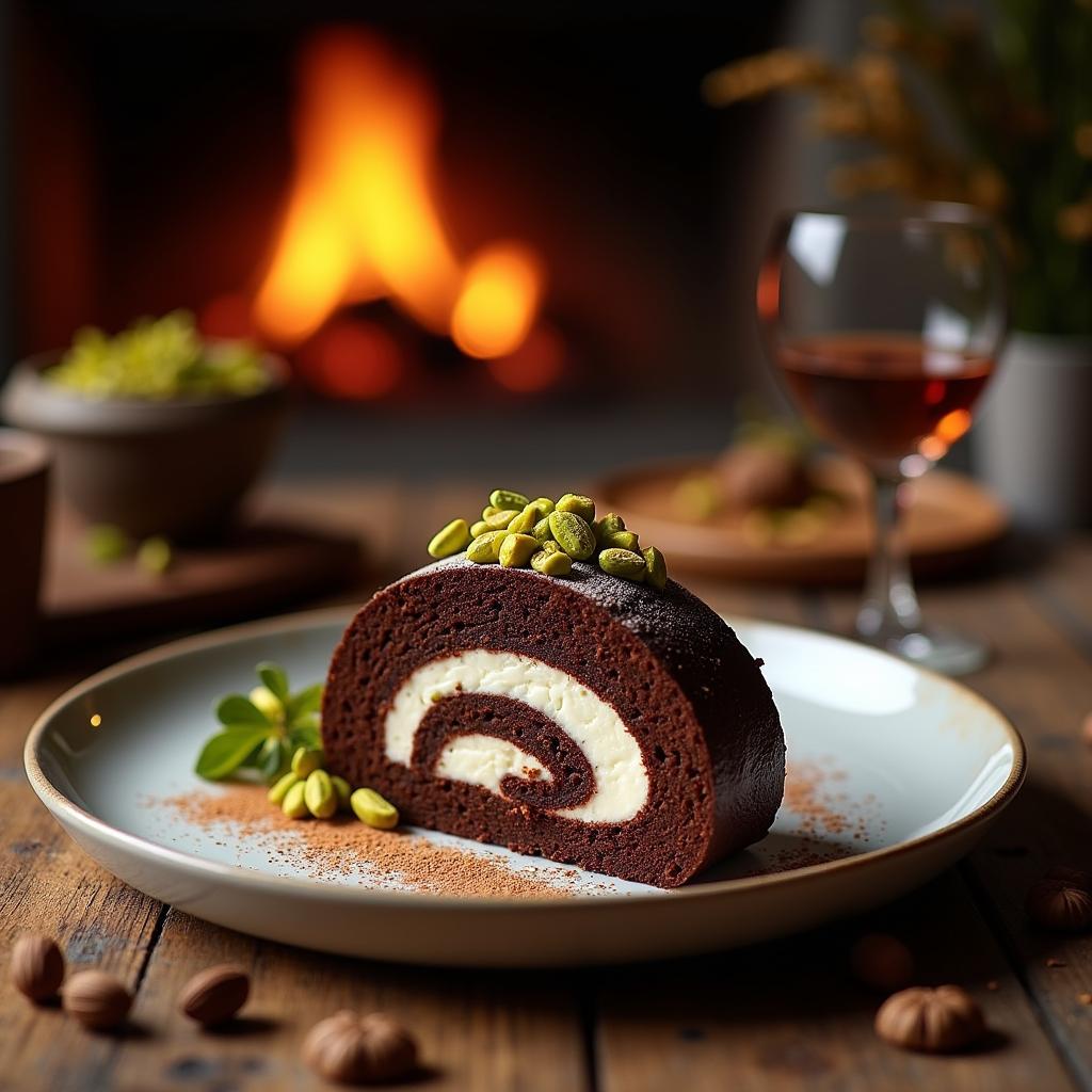 Chocolate and Cardamom Roulade with Pistachio Crumble