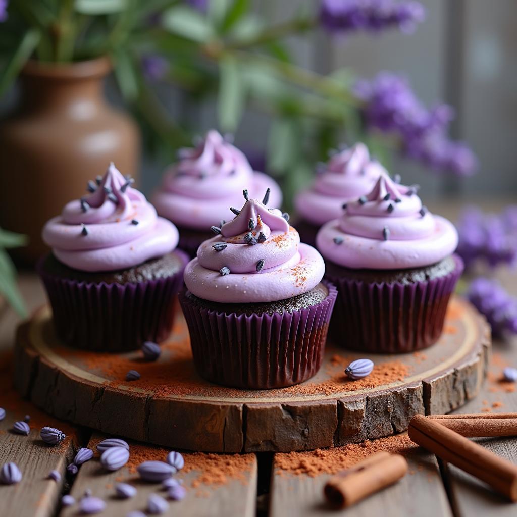 Chocolate Cardamom Velvet Cupcakes with Lavender Cream Cheese Frosting