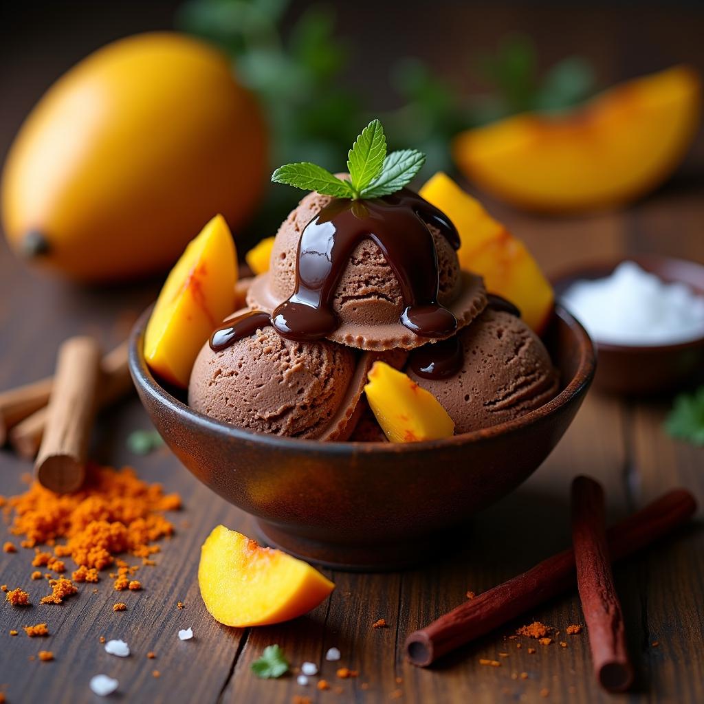 Chocolate-Curry Infused Ice Cream with Caramelized Mango