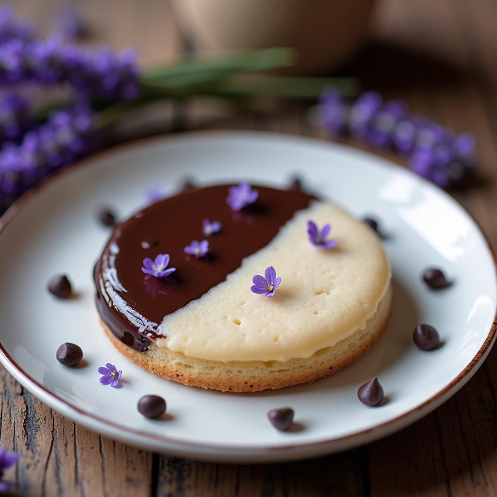 Chocolate-Dipped Black and White Cookie with Lavender Glaze