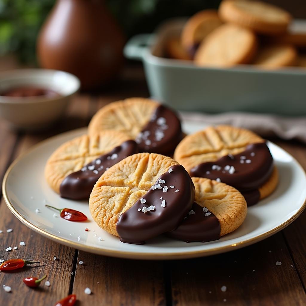 Chocolate-Dipped Peanut Butter Cookie Blossoms with Chili Flake Infusion