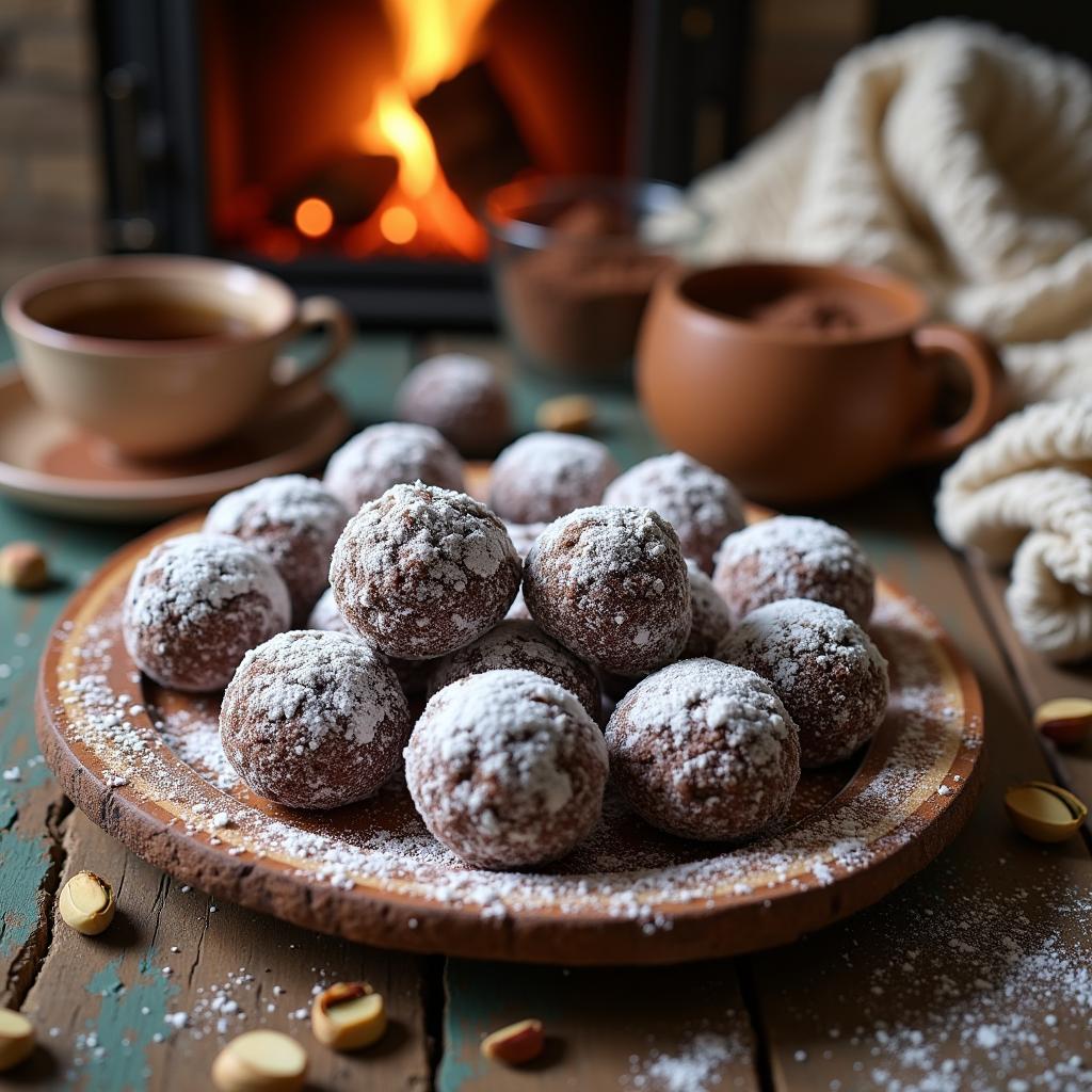 Chocolate-Dusted Snowball Cookies with Cardamom and Pistachios