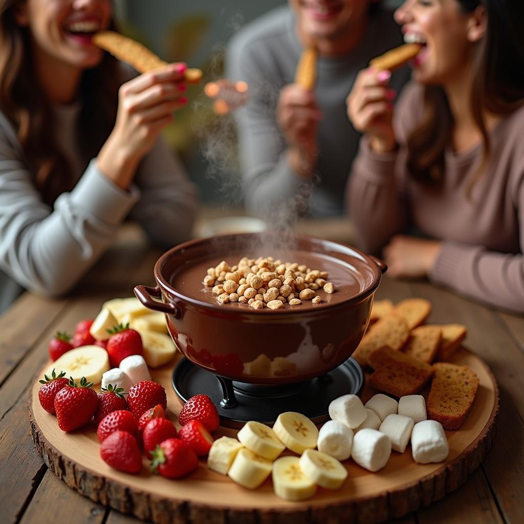 Chocolate Hazelnut Fondue with Fresh Fruit and Biscotti