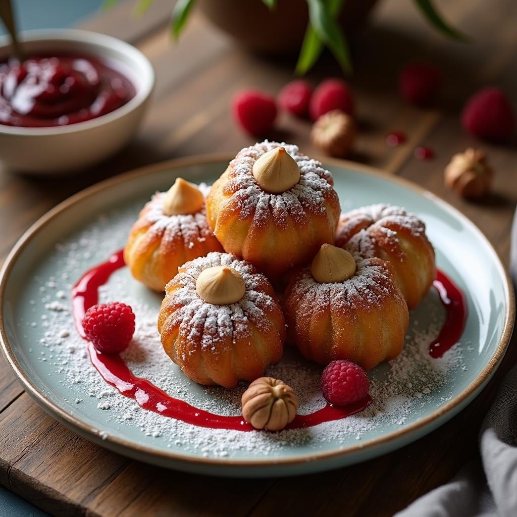 Chocolate Hazelnut Zeppole with Raspberry Reduction