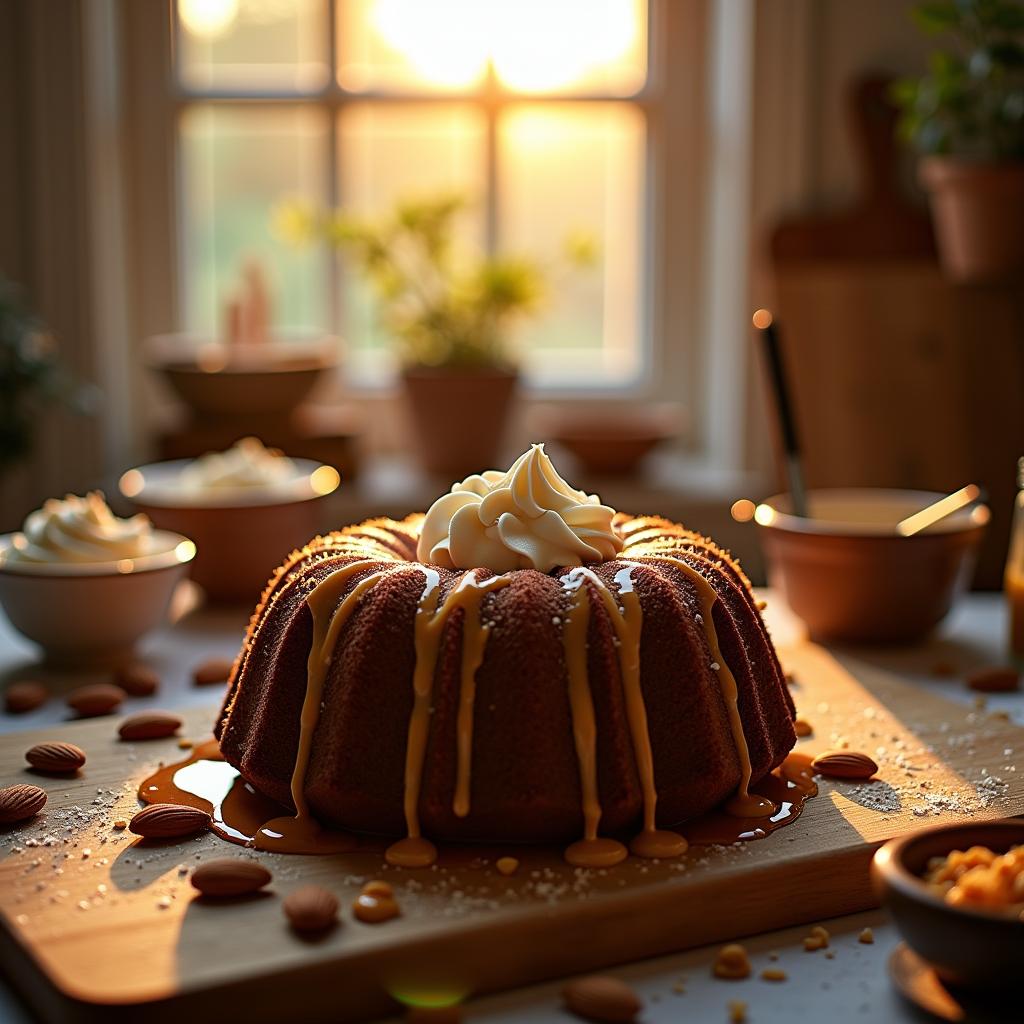 Chocolate-Infused Almond Crumb Cake with Sea Salt Caramel Drizzle