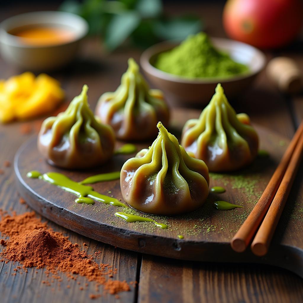 Chocolate-Infused Matcha Dumplings with Spicy Mango Sauce