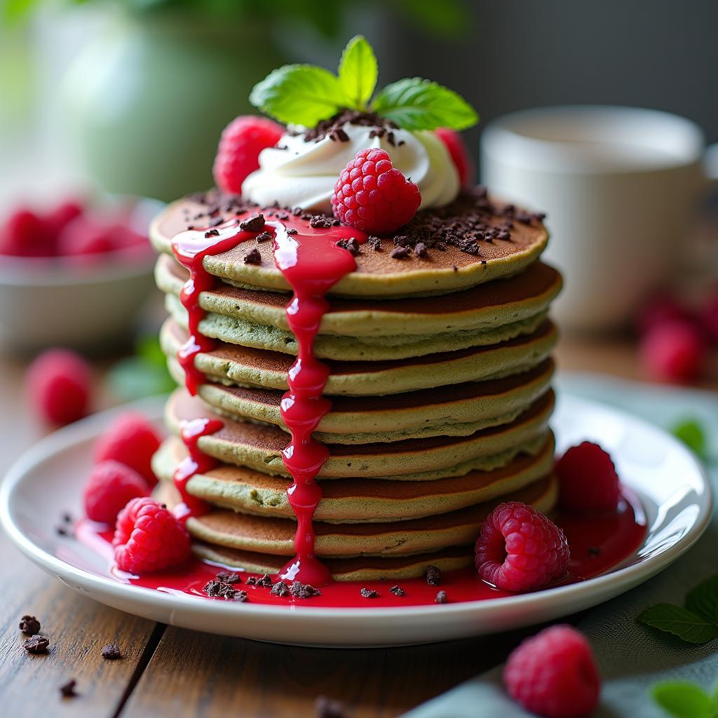 Chocolate-Infused Matcha Pancake Stack with Raspberry Coulis