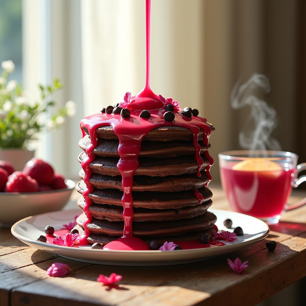 Chocolate-Infused Pancake Stack with Hibiscus Syrup