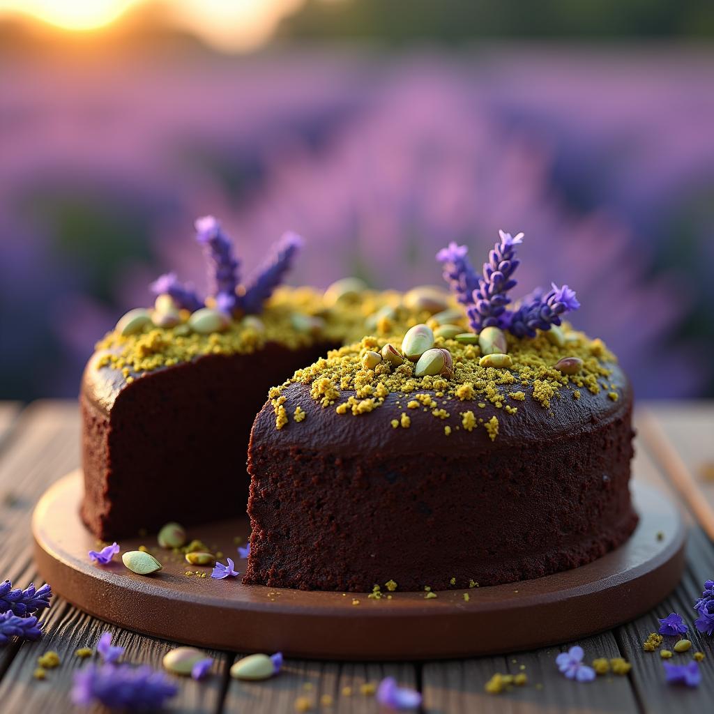 Chocolate Lavender Mud Cake with Pistachio Crumble