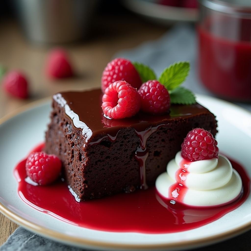 Decadent Chocolate Mud Cake with Raspberry Coulis and Whipped Coconut Cream