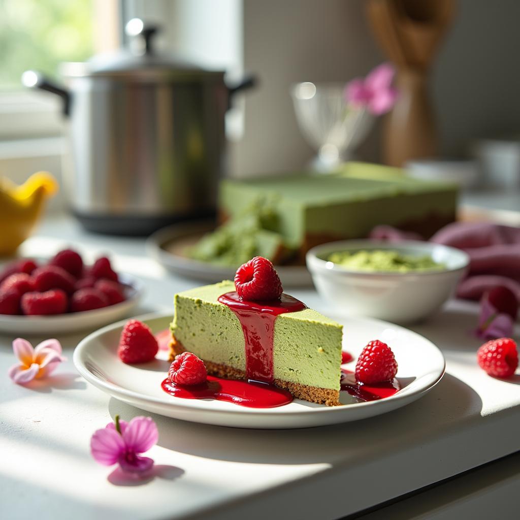 Deconstructed Matcha Cheesecake with Raspberry Coulis