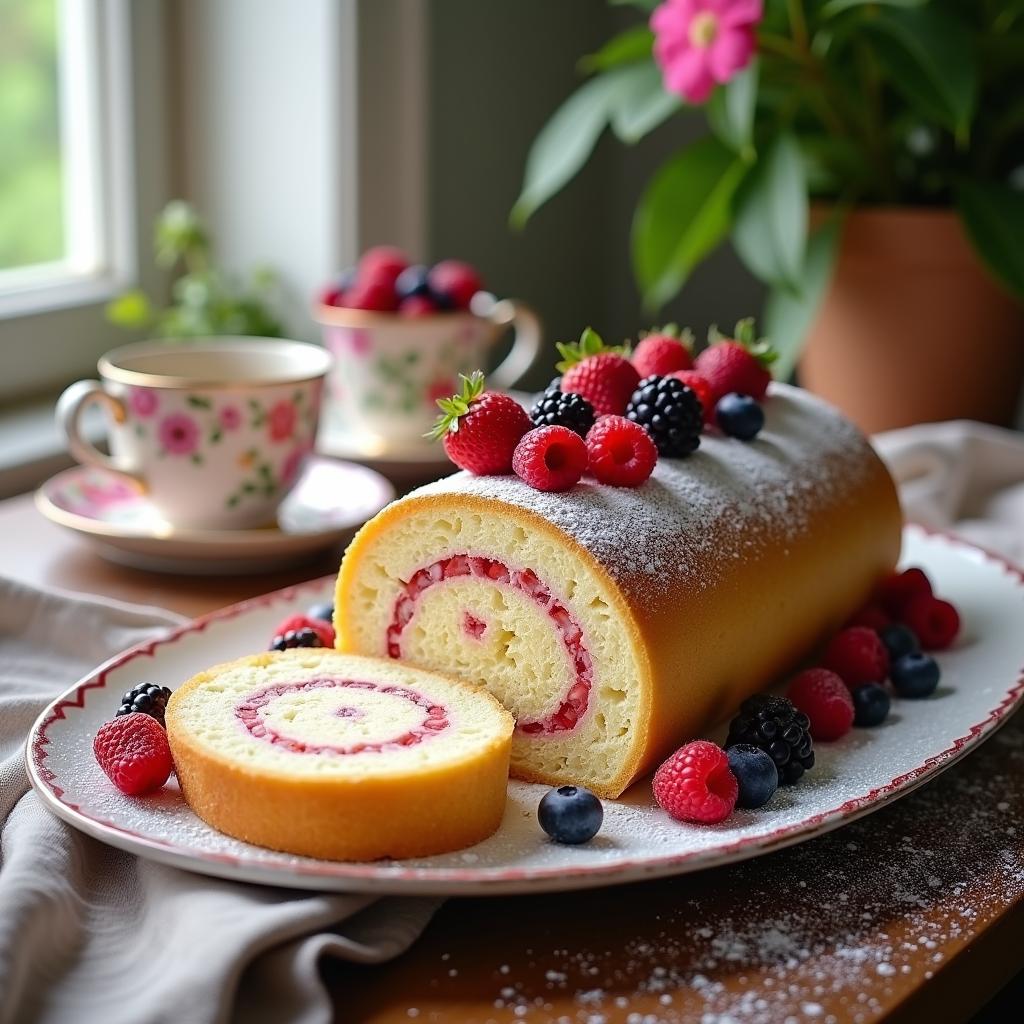 Delightful Swiss Roll with Whipped Cream and Berries