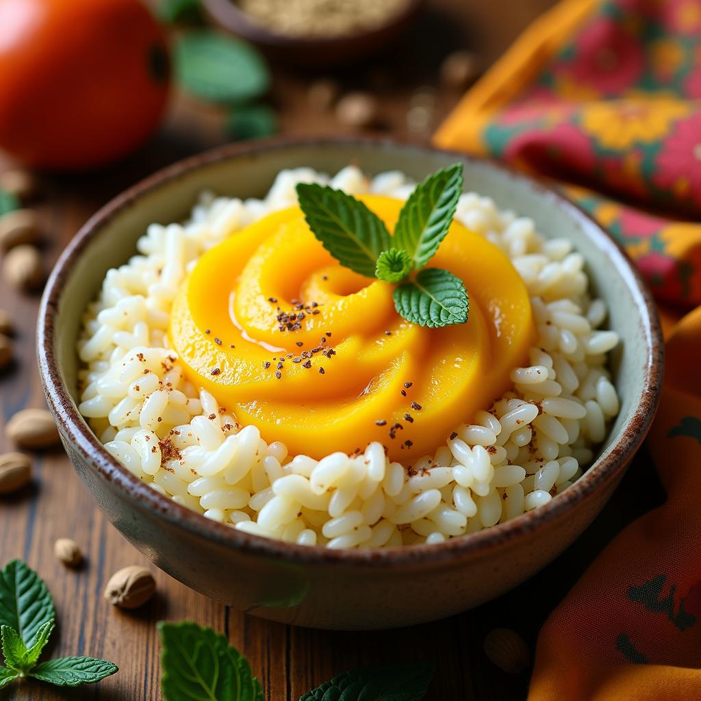 Exotic Coconut Cardamom Rice Pudding with Mango Swirl