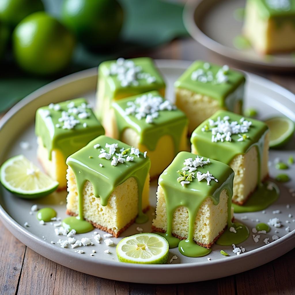 Exotic Coconut-Lime Petit Fours with Matcha Glaze