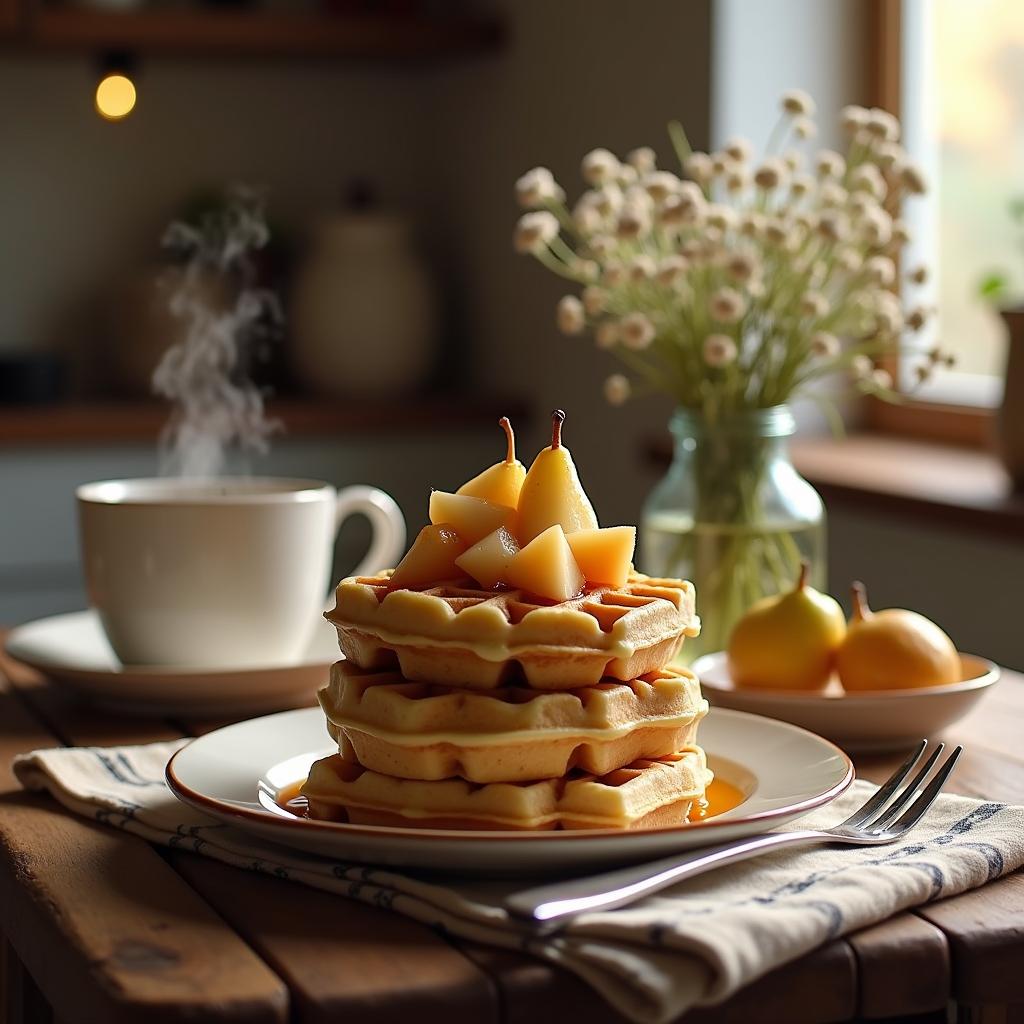 Hearty Buttermilk Waffles with Honeyed Pear Compote