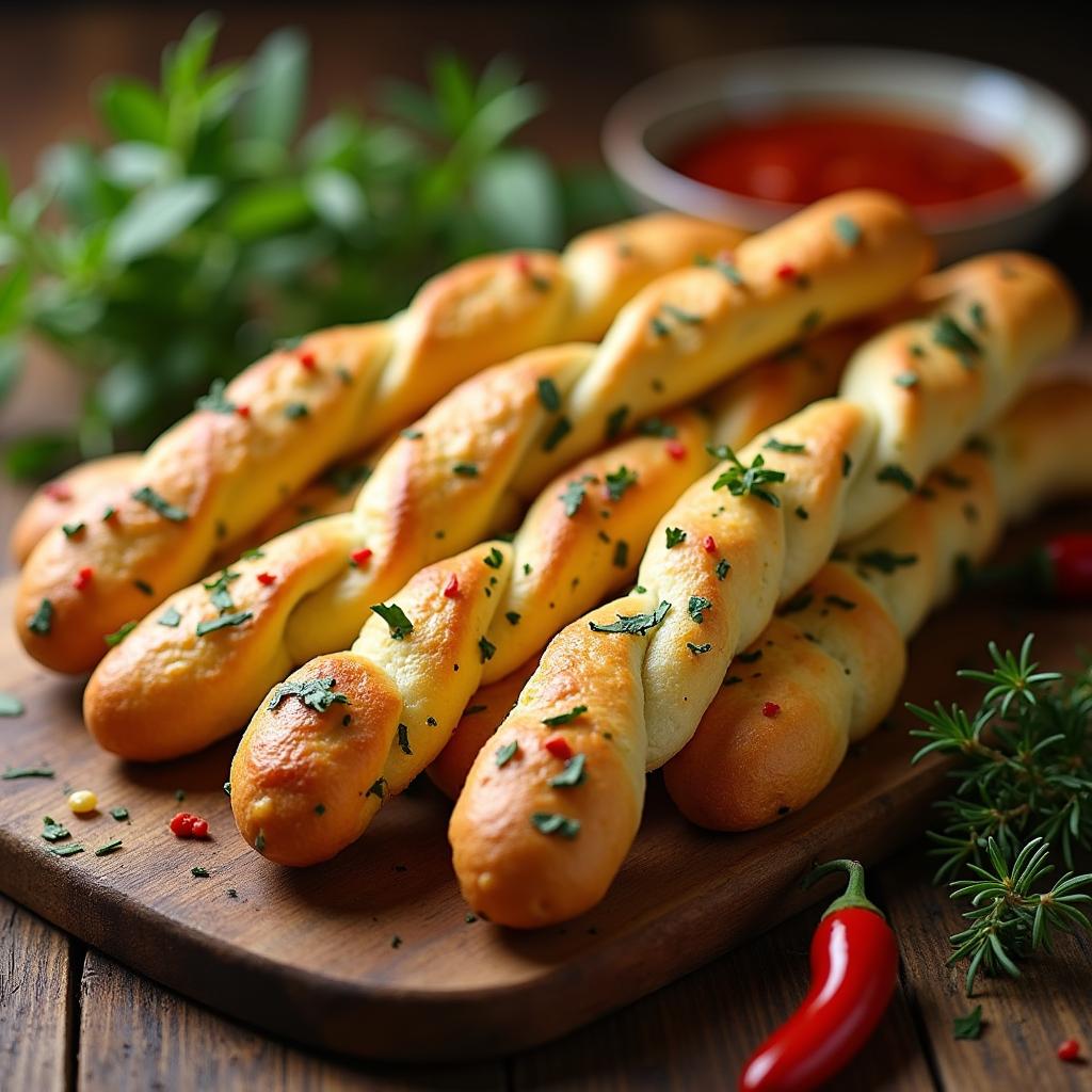 Herb-Infused Vegan Breadsticks with Spicy Garlic Oil