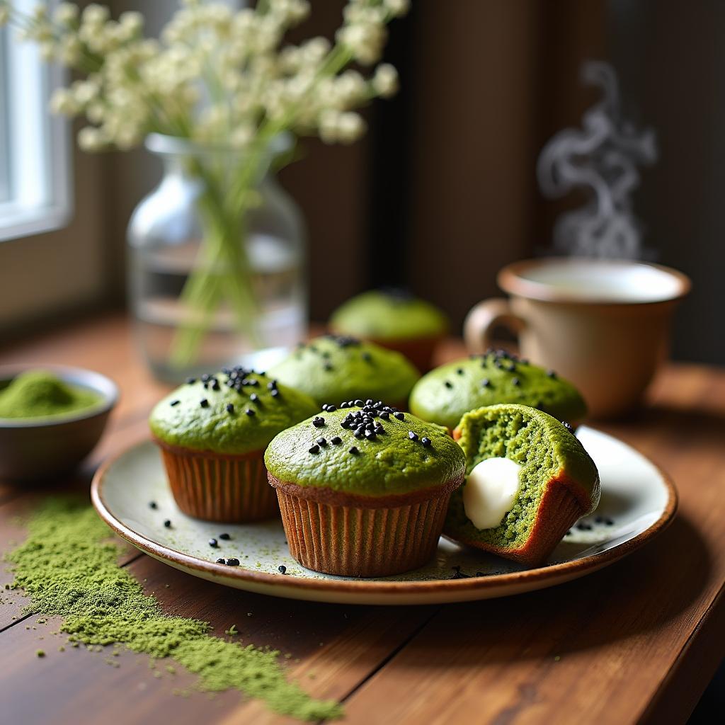 Matcha and Black Sesame Muffins with a Surprise Cream Cheese Center