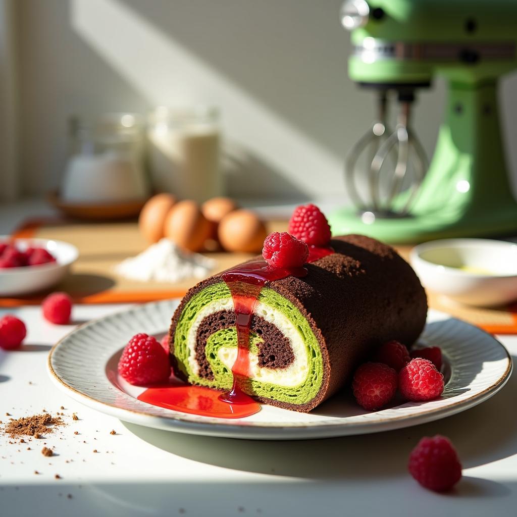 Matcha-Chocolate Marble Sponge Roll with Raspberry Compote