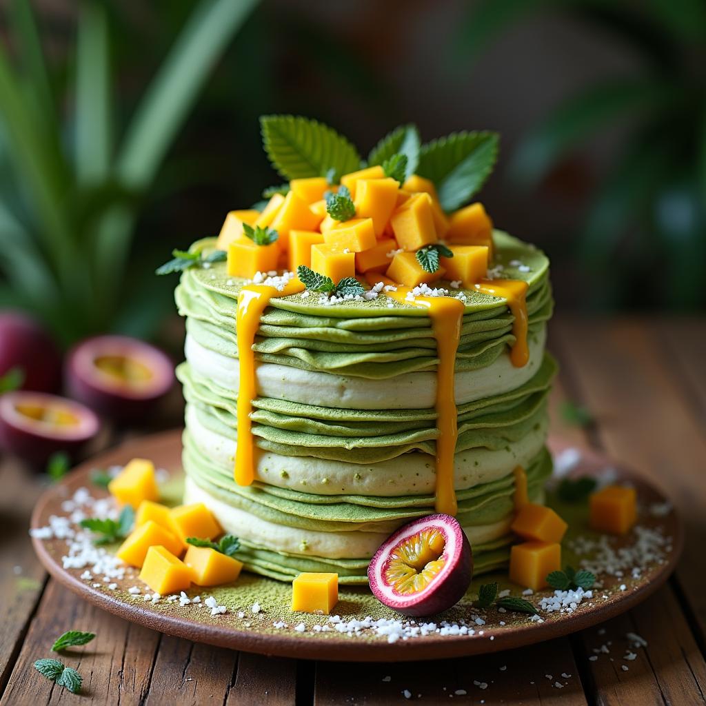 Matcha Coconut Crepe Cake with Mango Passionfruit Drizzle