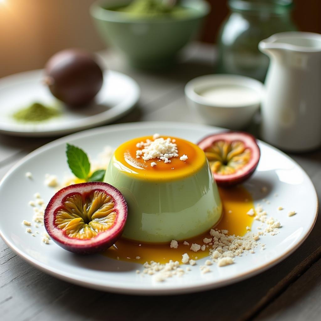 Matcha Coconut Panna Cotta with Passion Fruit Gelée