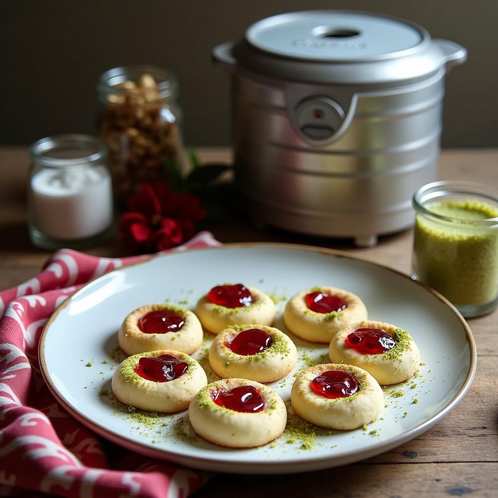 Modern Thumbprint Cookies with Hibiscus Jam and Pistachio Dust