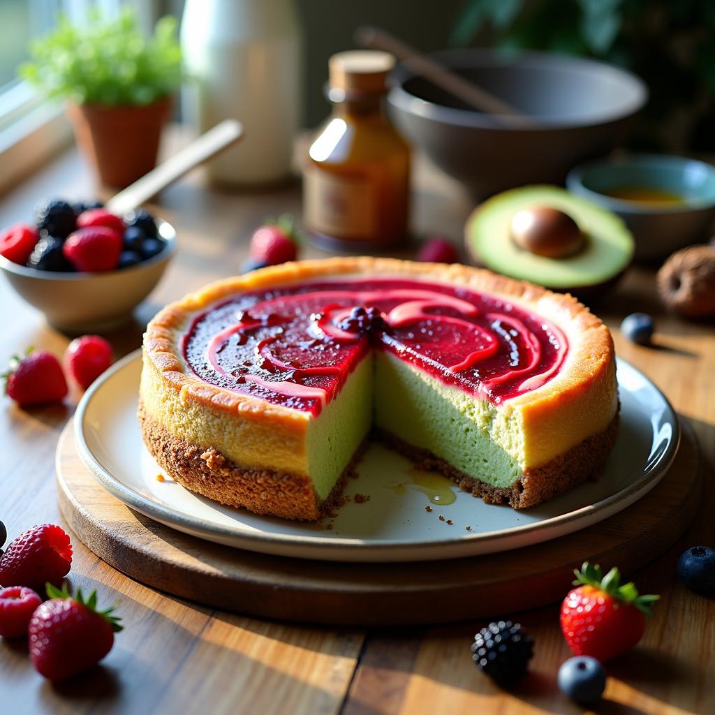 Nutty Avocado Cheesecake with Berry Swirl