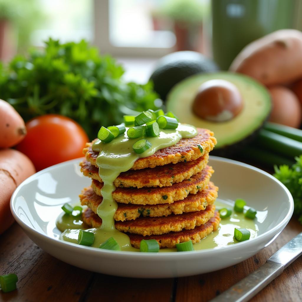 Quinoa and Sweet Potato Fritters with Avocado Lime Sauce