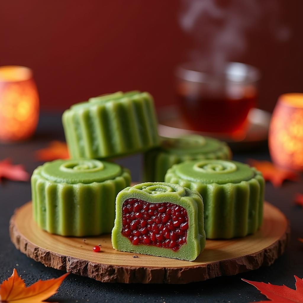 Vegan Matcha Mooncakes with Red Bean Filling