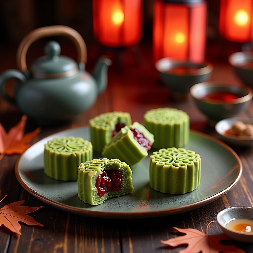 Vibrant Vegan Mooncakes with Matcha and Red Bean Filling