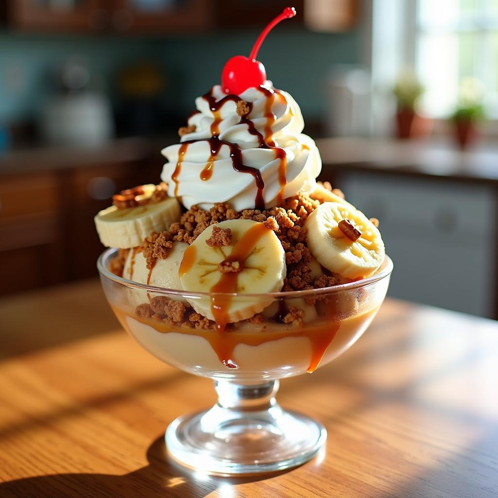 Whimsical Caramel Banana Split Sundae