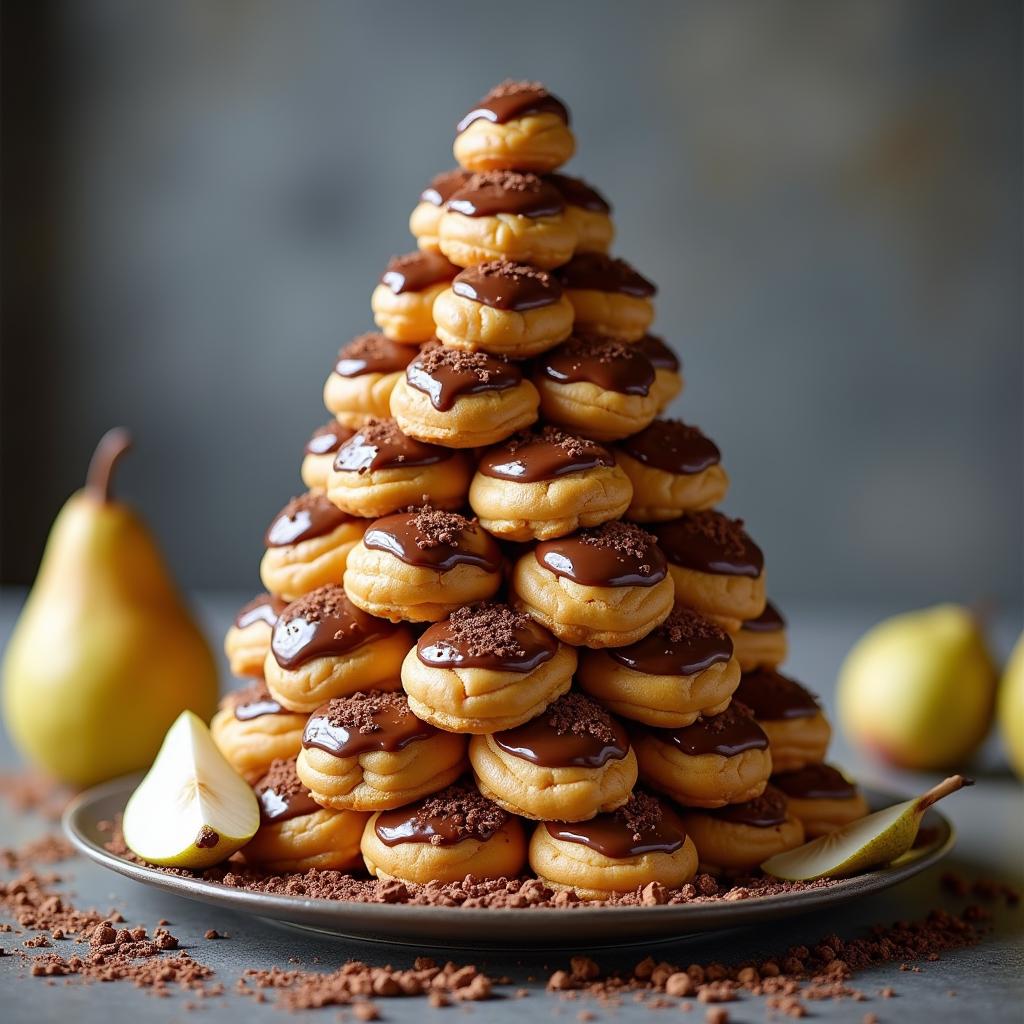 Whimsical Chocolate Croquembouche with a Caramel Pear Glaze