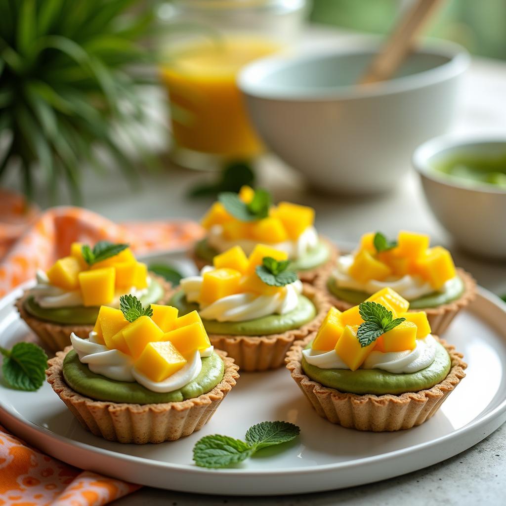 Whimsical Matcha and Mango Tartlets with Coconut Whipped Cream