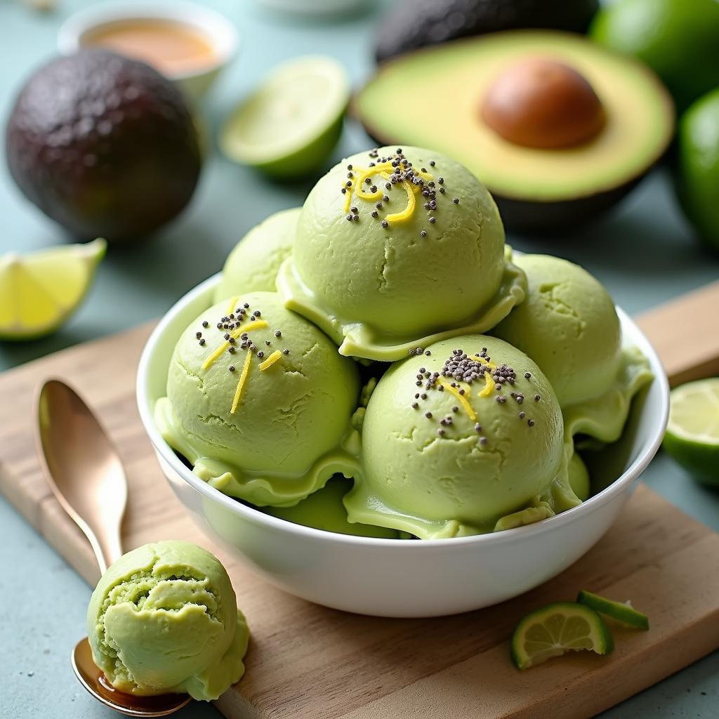 Whimsical Whipped Avocado Ice Cream with Lime Zest and Chia Crunch